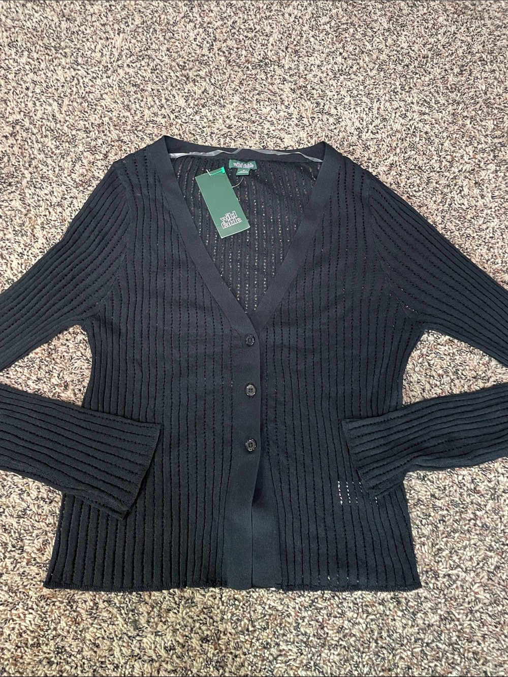 Woman’s Open Woven Long Sleeve V Neck Button Front Black Cardigan Size M NWT
